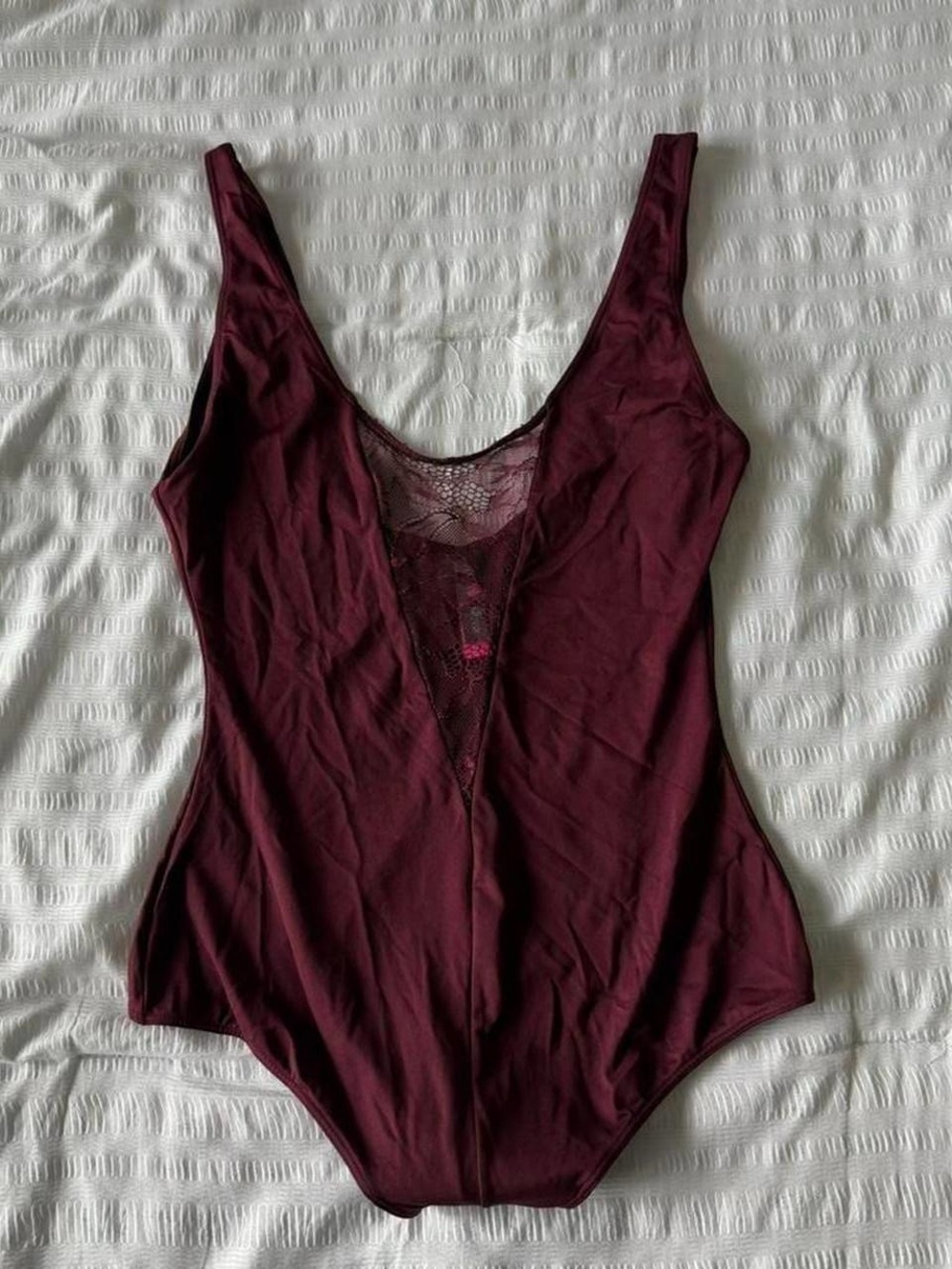 Vince Camuto Deep Burgundy Lace-Panel Plunge Bodysuit